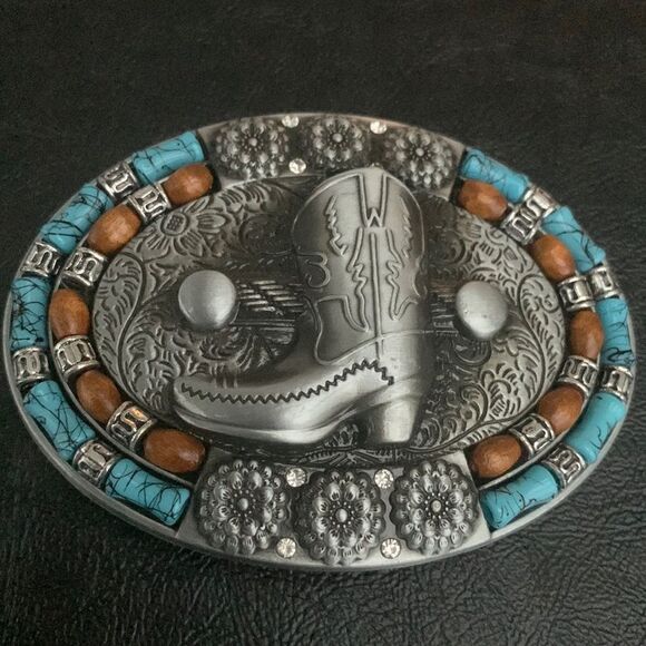Western Cowboy Boot Belt Buckle – Antiqued Silver Finish with Faux Turquoise - Picture 1 of 11